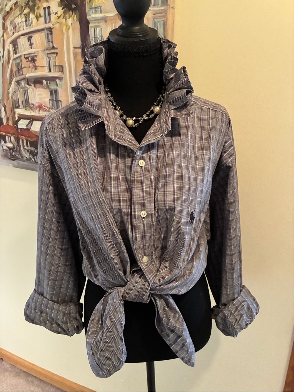 Ralph Lauren Gray  Plaid Ruffle-Collar Button-Up Top